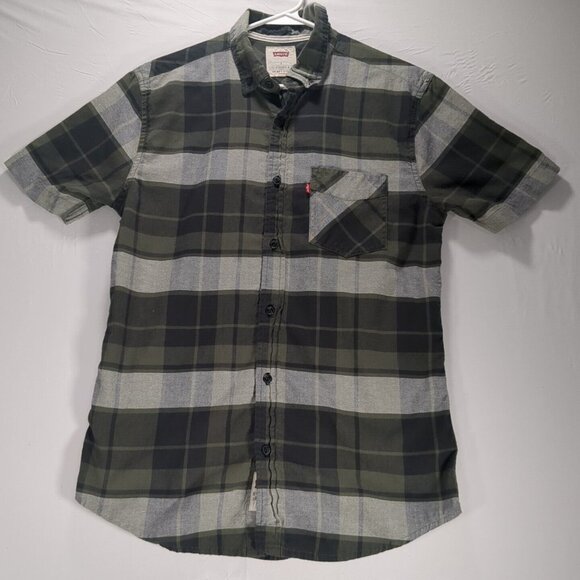 Levis Mens Small Green/Black/White Plaid Button Up Short Sleeve Shirt Vintage - Picture 1 of 6